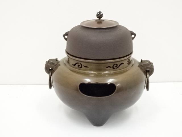  般若勘渓造　唐銅鬼面風炉（畠春斎釜添）（共箱）